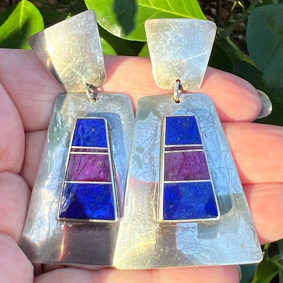 VINTAGE NAVAJO NATIVE AMERICAN SUGILITE LAPIS HUGE DROP DANGLE EARRINGS 925 SS
